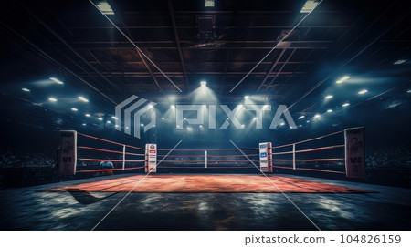 Epic empty boxing ring in the spotlight on the fight night AI 104826159