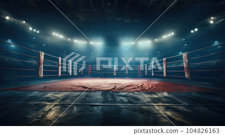 Epic empty boxing ring in the spotlight on the fight night AI 104826163