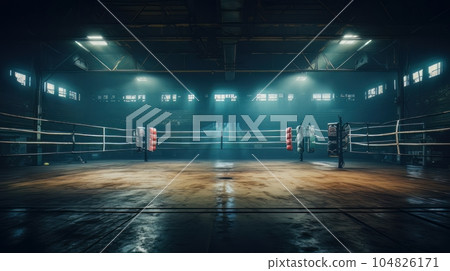 Epic empty boxing ring in the spotlight on the fight night AI Epic empty boxing ring in the spotlight on the fight night AI 104826171