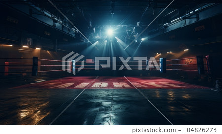 Epic empty boxing ring in the spotlight on the fight night AI 104826273