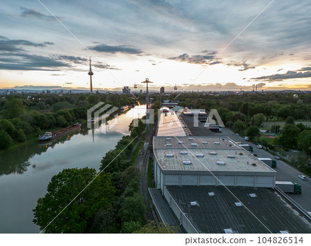 Mannheim city with ropeway connecting parks during federal horticulture and garden shows Bundesgartenschau BUGA Germany Mannheim city with ropeway connecting parks during federal horticulture and garden shows Bundesgartenschau BUGA Germany 104826514