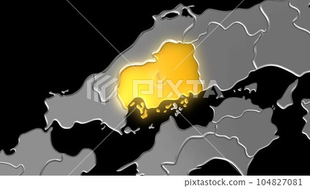 Hiroshima Prefecture shines gold in the metallic Japanese archipelago seen in balanced projection Hiroshima Prefecture shines gold in the metallic Japanese archipelago seen in balanced projection 104827081