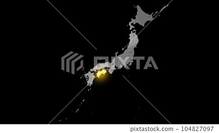 Kochi Prefecture shines gold in the metallic Japanese archipelago seen in balanced projection Kochi Prefecture shines gold in the metallic Japanese archipelago seen in balanced projection 104827097