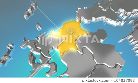 Fukuoka Prefecture shining gold in the metallic Japanese archipelago seen in perspective projection Fukuoka Prefecture shining gold in the metallic Japanese archipelago seen in perspective projection 104827098