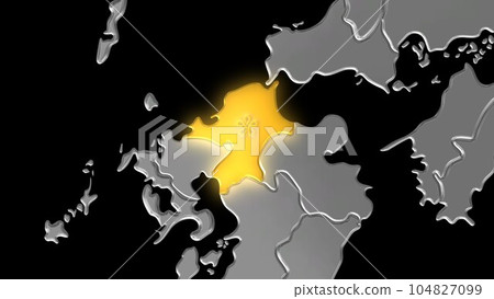 Fukuoka Prefecture shining gold in the metallic Japanese archipelago seen in balanced projection Fukuoka Prefecture shining gold in the metallic Japanese archipelago seen in balanced projection 104827099
