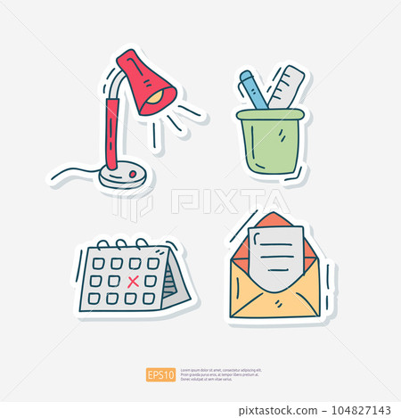 desk lamp, stationery pencil ruler, Desk Calendar, Opened Envelope Mail cute doodle icon. sticker set vector illustration desk lamp, stationery pencil ruler, Desk Calendar, Opened Envelope Mail cute doodle icon. sticker set vector illustration 104827143