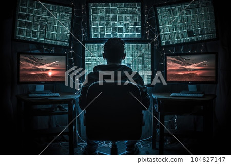 Darknet. Hacker in the process of hacking the network. Back view of a person sitting in front of multiple monitors. Darknet. Hacker in the process of hacking the network. Back view of a person sitting in front of multiple monitors. 104827147