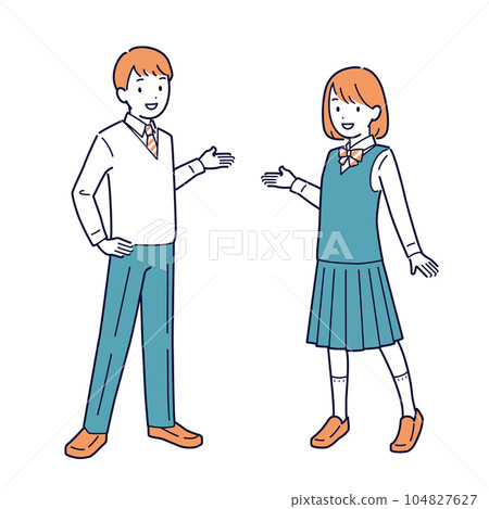 Male and female students who explain and propose with a smile _ whole body Male and female students who explain and propose with a smile _ whole body 104827627