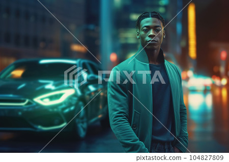 Young black man next to luxury sport car. Lifestyle shot with racing auto in neon light. Evening, night, party, nightlife. Generative AI 104827809