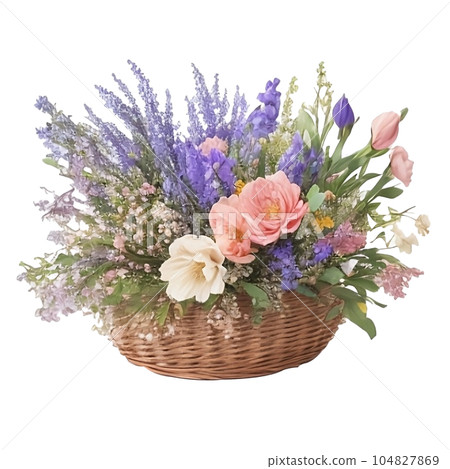 colorful flowers bouquet arrangement centerpiece in wicker basket colorful flowers bouquet arrangement centerpiece in wicker basket 104827869