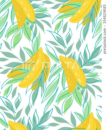 Vector texture of bananas with lush foliage. Tropical pattern with fruits and leaves on a white background. Fashionable surface 104829085