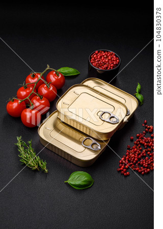 Tin or aluminum rectangular can of canned food with a key 104830378