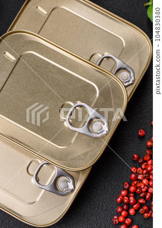 Tin or aluminum rectangular can of canned food with a key 104830380