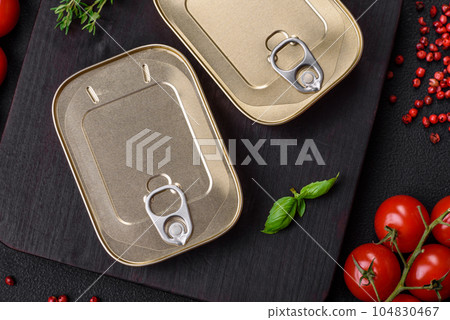 Tin or aluminum rectangular can of canned food with a key 104830467