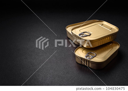 Tin or aluminum rectangular can of canned food with a key 104830475