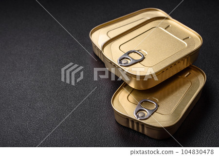 Tin or aluminum rectangular can of canned food with a key 104830478