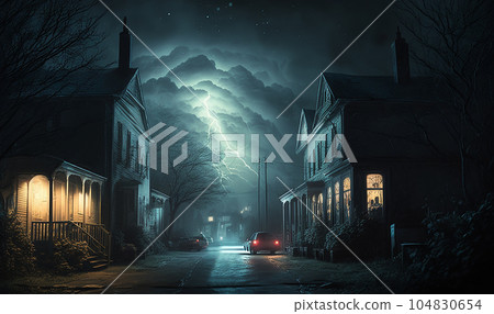 Storm night city landscape illustration art (AI generated image) 104830654