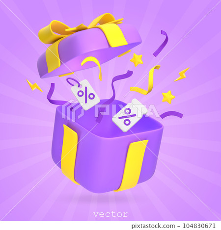 3d Gift Box With Flying Serpentine, Ribbons, Gift tags, Coupon, Stars. Concept of promotion, discount, sale, gift. Vector Render Illustration In Plasticine Cartoon Style on purple background. 3d Gift Box With Flying Serpentine, Ribbons, Gift tags, Coupon, Stars. Concept of promotion, discount, sale, gift. Vector Render Illustration In Plasticine Cartoon Style on purple background. 104830671
