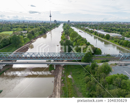 Mannheim city with ropeway connecting parks during federal horticulture and garden shows Bundesgartenschau BUGA Germany Mannheim city with ropeway connecting parks during federal horticulture and garden shows Bundesgartenschau BUGA Germany 104830829
