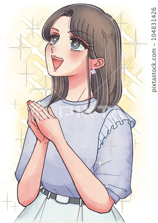 Illustration of a sparkling girl manga-style woman who is happy to put her hands together 104831426