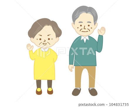 有微笑的老人和婦女揮動的手 104831735