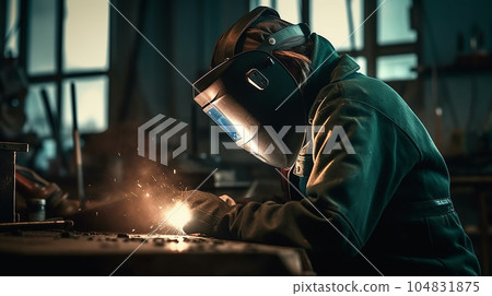 Workers and welders who perform welding and arc welding in factories (Generative AI) 104831875