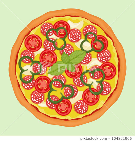 pizza with salami, mozzarella, paprika and fresh tomatoes pizza with salami, mozzarella, paprika and fresh tomatoes 104831966
