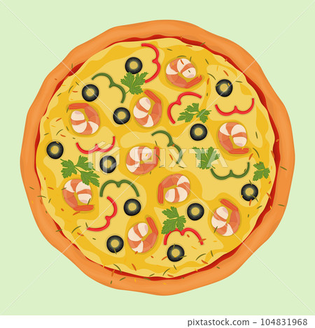 tasty pizza with shrimps, black olives, paprika and parsley leaves tasty pizza with shrimps, black olives, paprika and parsley leaves 104831968