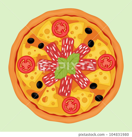 pizza with olives, maasdam cheese, tomatoes and salami 104831980