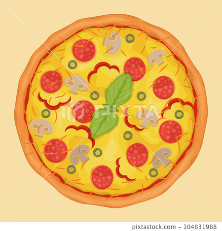 pizza with salami, mushrooms, paprika, olives and cheese pizza with salami, mushrooms, paprika, olives and cheese 104831988