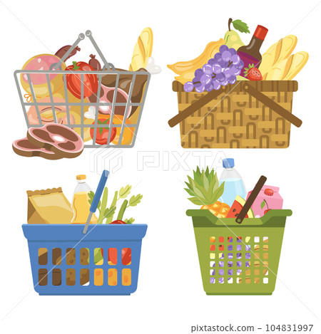 vector illustration of various grocery baskets with groceries meat basket fruit basket 104831997