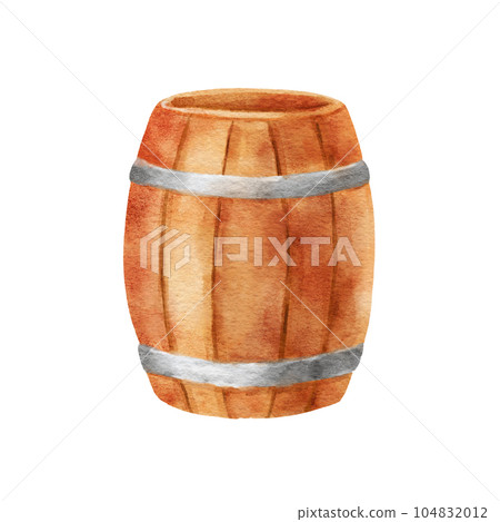 Watercolor wooden barrel isolated on white. Hand drawn cartoon illustration. 104832012