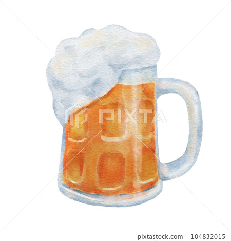 Mug of beer with foam. Glass mug with drink. Watercolor illustration isolated on white. 104832015