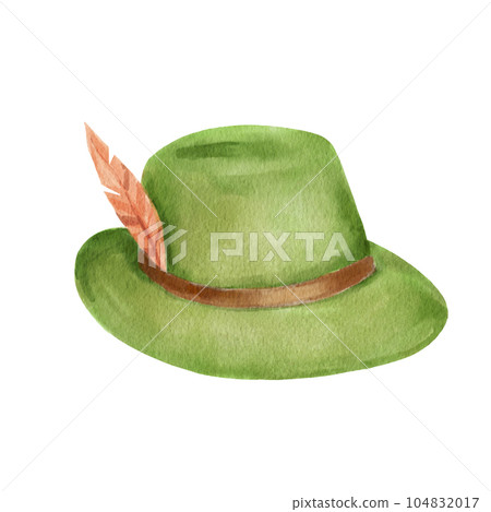 Green oktoberfest hat icon with feather. Watercolor illustration isolated on white. Green oktoberfest hat icon with feather. Watercolor illustration isolated on white. 104832017