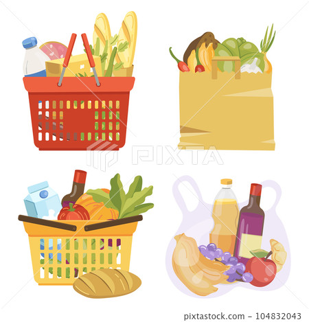 vector illustration different grocery baskets with groceries 104832043