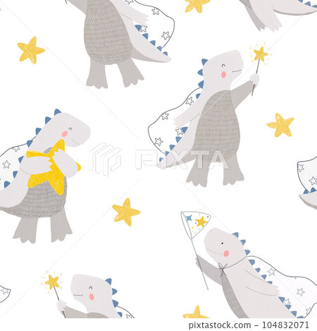Beautiful kids seamless pattern with hand drawn cute dinosaurs and stars. Stock illustration. Beautiful kids seamless pattern with hand drawn cute dinosaurs and stars. Stock illustration. 104832071