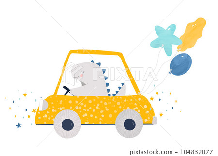 Beautiful kids hand drawn stock illustration with very cute little dino driving a yellow car with balloons. Clip art. Beautiful kids hand drawn stock illustration with very cute little dino driving a yellow car with balloons. Clip art. 104832077