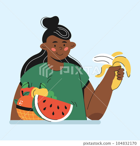 girl eating fruit holding banana character cartoon style 104832170