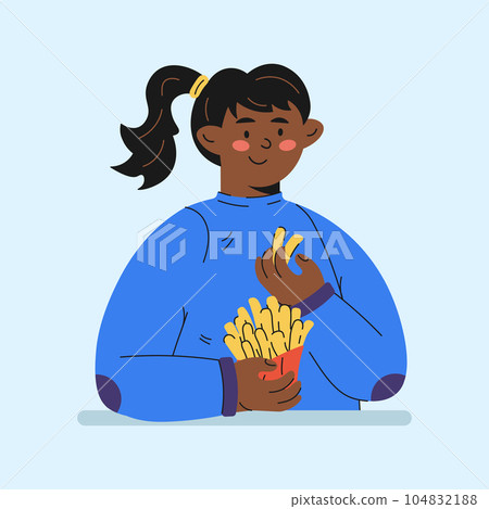 girl eating french fries character in cartoon style girl eating french fries character in cartoon style 104832188