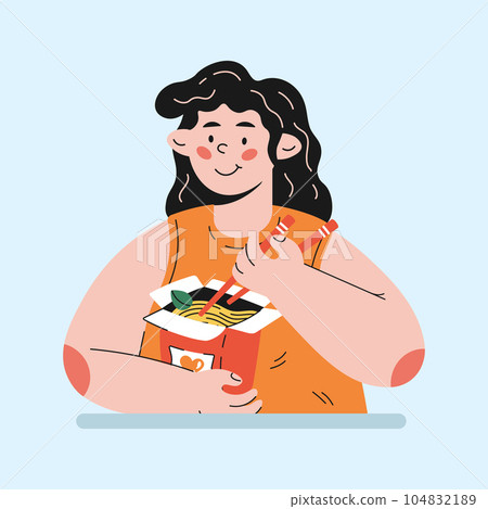girl eating asian food ramen character in cartoon style 104832189