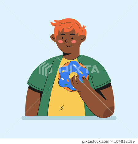 guy eating donut character in cartoon style guy eating donut character in cartoon style 104832199