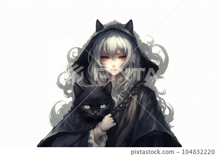 Woman with cat ears holding a black cat: AI work 104832220