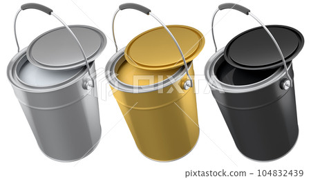 Set of metal cans or buckets of paint with handle on white background. 104832439