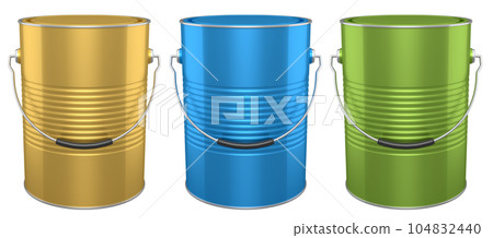 Set of metal cans or buckets of paint with handle on white background. Set of metal cans or buckets of paint with handle on white background. 104832440