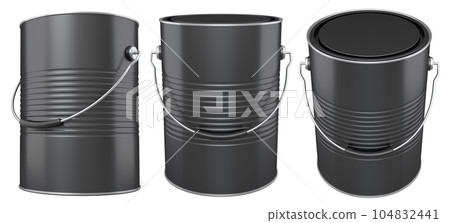 Set of metal cans or buckets of paint with handle on white background. Set of metal cans or buckets of paint with handle on white background. 104832441