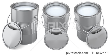 Set of metal cans or buckets of paint with handle on white background. Set of metal cans or buckets of paint with handle on white background. 104832442