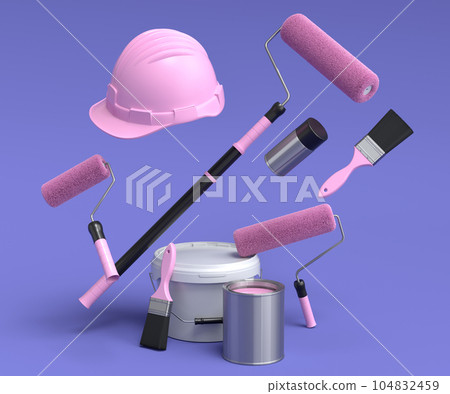 Set of metal cans or buckets with paint roller, brush and folding ladder 104832459