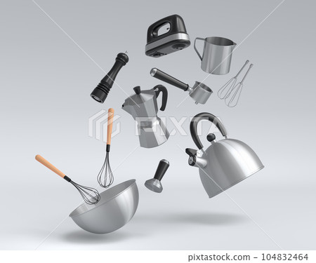 Mixer and bowl with kitchen utensil for preparation of dough on white Mixer and bowl with kitchen utensil for preparation of dough on white 104832464