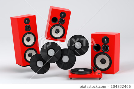 Set of Hi-fi speakers and DJ turntable for sound recording studio on white Set of Hi-fi speakers and DJ turntable for sound recording studio on white 104832466