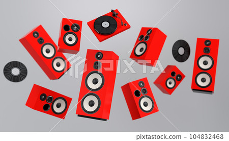 Set of Hi-fi speakers and DJ turntable for sound recording studio on white Set of Hi-fi speakers and DJ turntable for sound recording studio on white 104832468